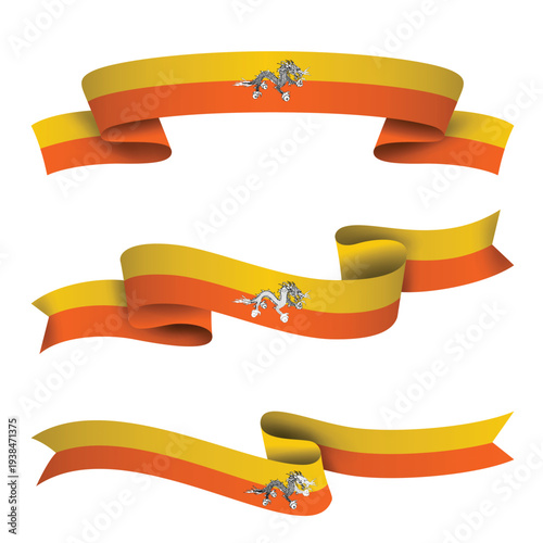 BHUTAN Ribbon Flag Set, BHUTAN National Flag Banner Collection with Wavy Ribbon Design