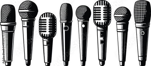 Set of vintage microphone icons, retro audio recording microphones collection, podcast broadcast studio equipment silhouettes, music media sound technology illustration