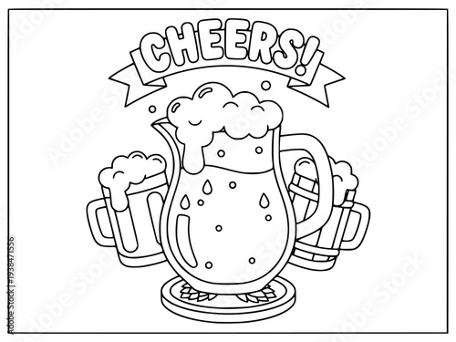 Coloring book page for children features three mugs of beer with a banner