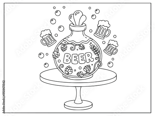 Coloring book page for children features a round beer keg on a pedestal table