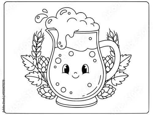 Coloring page for children features a happy glass of beer with foam and hops