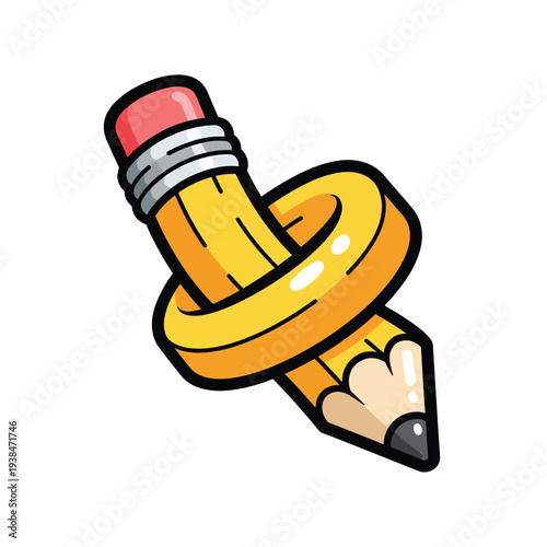 An illustration of a pencil intertwined with a ribbon, viewed from a slight angle, showcasing a creative artistic expression