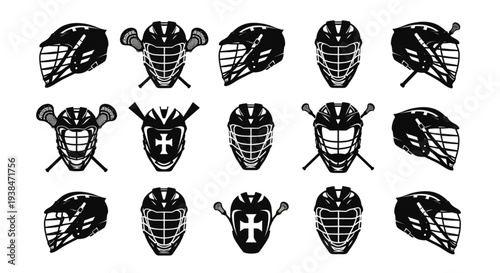 Collection of Lacrosse Helmets and Sticks in Black and White.