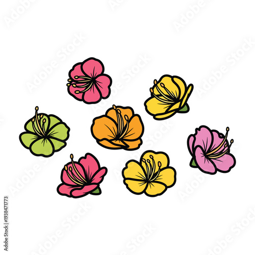 Vibrant illustration of colorful flowers arranged in a circular pattern on a clean background from a direct viewpoint