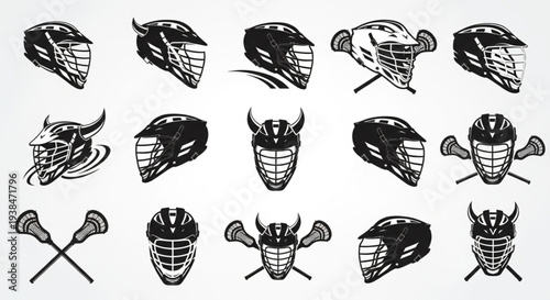 Collection of Lacrosse Helmets and Sticks in Various Designs.