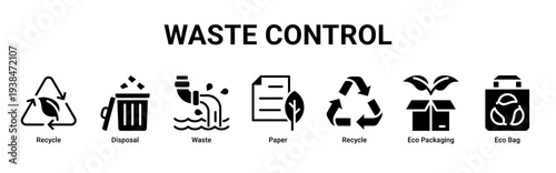 Waste Control web banner icon vector illustration with Recycle,Disposal,Waste,Paper,Eco Packaging,and Eco Bag icons representing waste reduction and recycling management.
