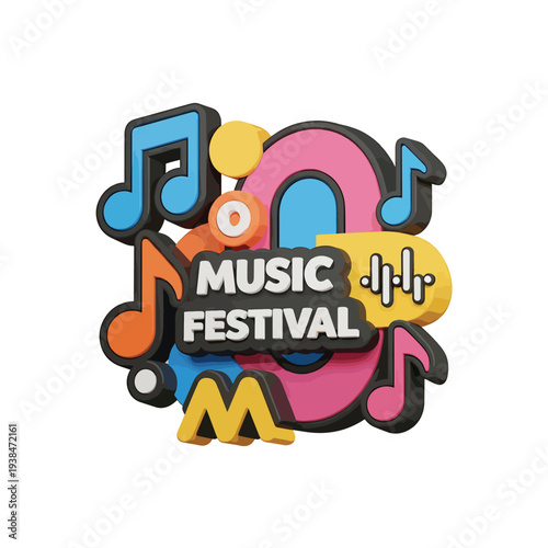 Vibrant Music Festival Emblem Featuring Melodic Symbols and Bright Colors