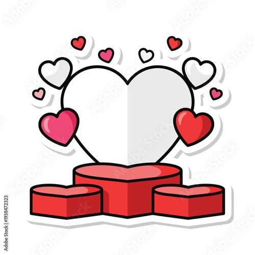 Heart shaped podium with floating hearts on a red stage illustration