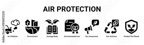 Air Protection web banner icon vector illustration featuring Air Pollution,Environment,Ecology Book,Environmental Law,Eco Awareness,Eco Activism,and Protect The Planet icons.