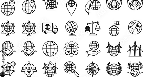 global business icons, world network, international trade, globe symbols, global logistics, world map concept, globalization, partnership, worldwide communication