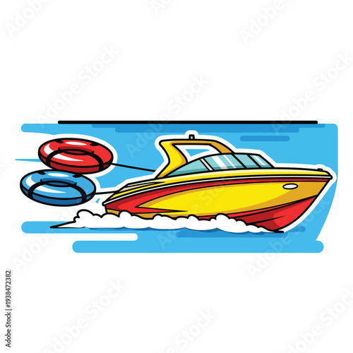 Vibrant Speedboat Towing Inflatable Rings on a Serene Waterway Scene from a Side Viewpoint