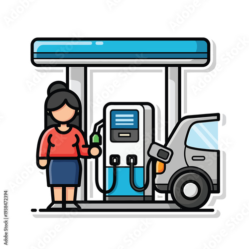 Woman Refueling Vehicle at Gas Station Pump