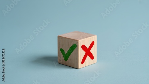 Wooden block with green checkmark and red X on blue background