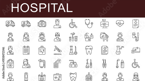Hospital, medical, healthcare, doctor, nurse, ambulance, clinic, treatment, medicine, patient, equipment, health, diagnosis, emergency, pharmacy, laboratory, outline, vector, icons, set