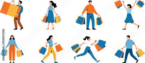 People Shopping Illustration Set with Men and Women Carrying Bags Walking with Cart Retail Purchases and Consumer Lifestyle Vector