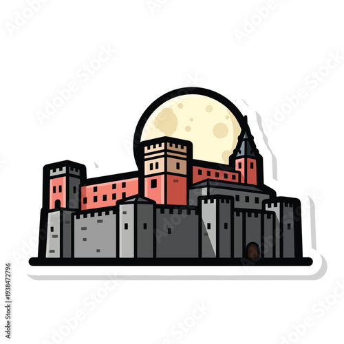 Medieval fortress illustration with castle walls, towers, and moonlit night sky scene