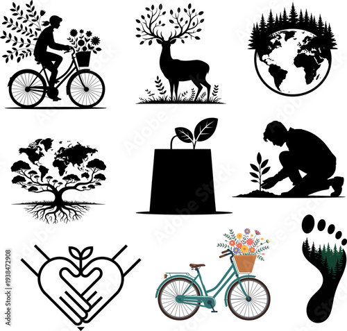 World Environment Day Vector set of bicycle icons showing cyclists riding bikes in different sport and activity silhouettes