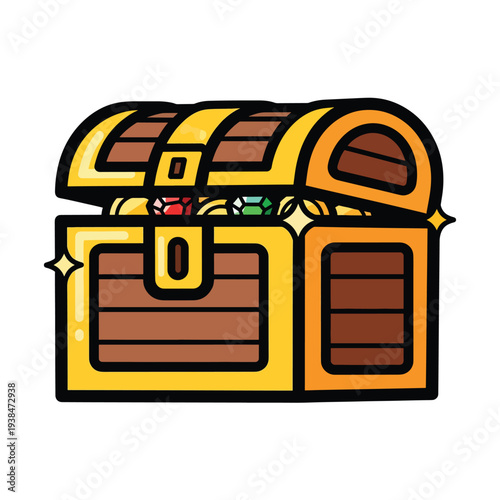 Treasure chest overflowing with jewels and gold coins, illustration of a cartoon-style chest overflowing with treasure