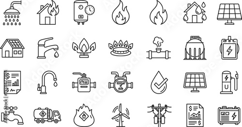 energy utility icons, renewable power, electricity supply, gas pipeline, water service, solar panel, wind turbine, energy infrastructure, utilities