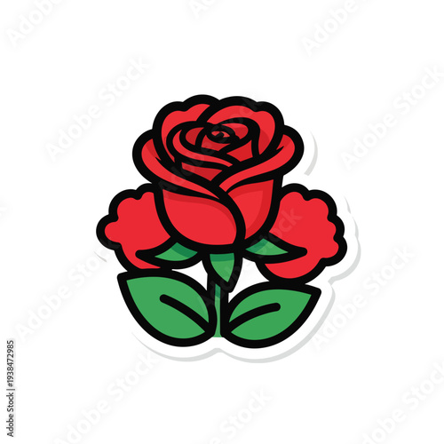 A graphic illustration of a red rose with green leaves and red flowers on a simple background from a front viewpoint