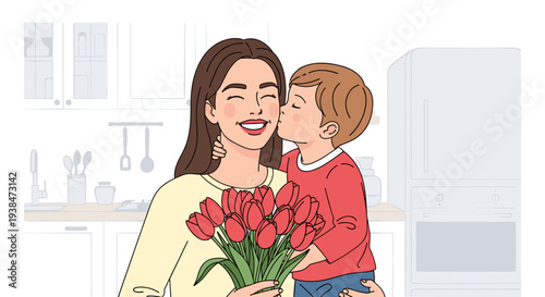 A joyful mother holding a bouquet of tulips while her child kisses her cheek, illustrated in a minimalist style