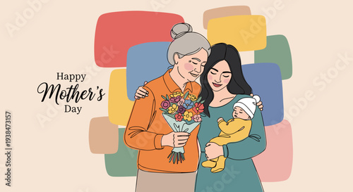 A heartwarming illustration of a mother and grandmother with a baby, featuring a modern flat design style, perfect for Mother's Day