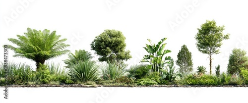 A row of various green plants, shrubs, and trees against a bright white backdrop