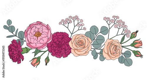 A beautiful arrangement of colorful flowers and greenery in a modern flat style, perfect for floral designs