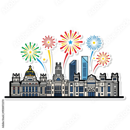 Celebratory fireworks exploding above cityscape with historic buildings and modern skyscrapers in illustration