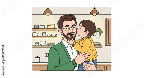 A joyful father holding his son in a cozy kitchen, illustrated in a modern, flat style