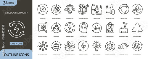 Circular economy icons set showing recycling loop, sustainability, reuse, resource efficiency, green production, waste reduction and environmental responsibility.