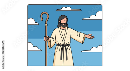 A stylized illustration of a shepherd figure with a staff, depicted in a minimalist style against a blue sky