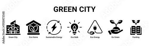 Green City web banner icon vector illustration with Green City, Eco Home,Sustainable Energy,Eco Bulb,Eco Energy,Go Green,and Funding icons showing sustainable urban development.