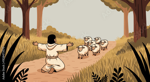 A shepherd welcoming a flock of sheep on a tranquil path, illustrated in a modern, flat style, ideal for nature themes