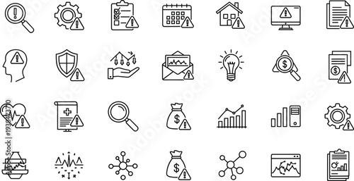 Warning, alert, risk, security, finance, data, analysis, protection, monitoring, system, error, management, business, safety, problem, notification, dashboard, outline, vector, icons