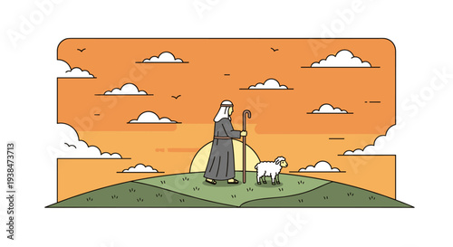 A serene landscape featuring a shepherd with a dog and sheep against a sunset backdrop in a minimalist style