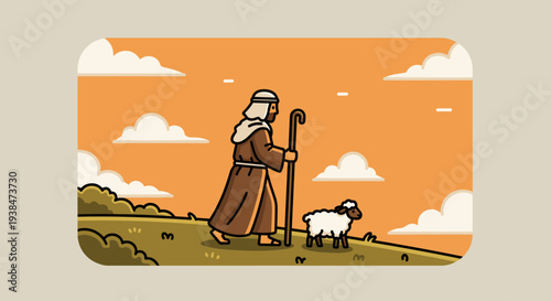 A shepherd with a staff walking alongside a sheep in a minimalist, colorful landscape