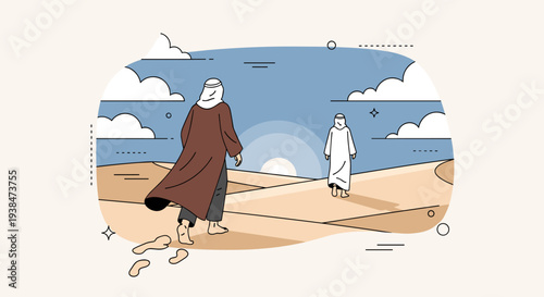 A serene desert scene featuring two figures in traditional attire, illustrated in a minimalist style with soft colors