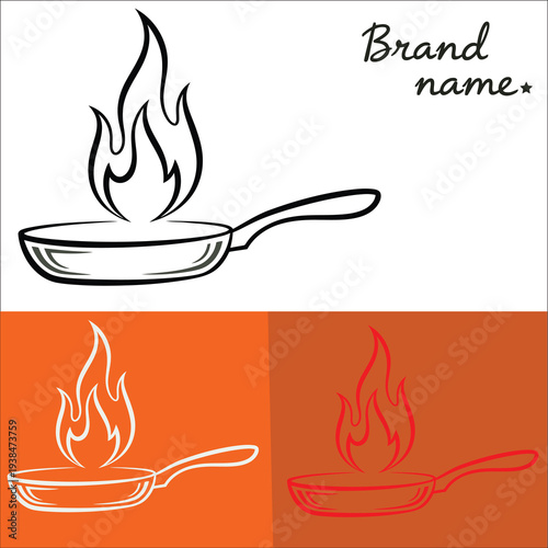 Cooking a delicious meal in a frying pan with a hot flame symbol of culinary art