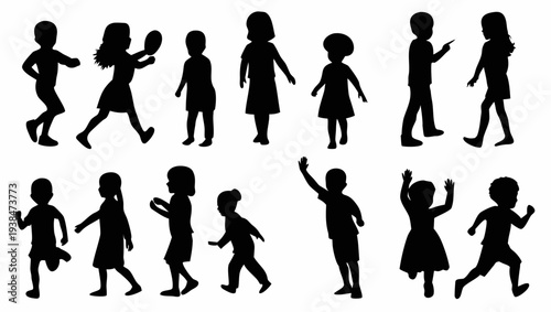 Diverse group of children running and playing together in silhouette