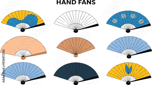 Hand Fan Vector Illustration Set with Traditional Folding Fans in Various Colors Patterns Summer Accessories Cultural Decorative Designs