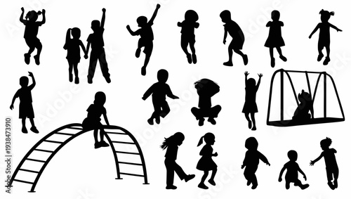 Children playing on playground equipment in joyful outdoor setting