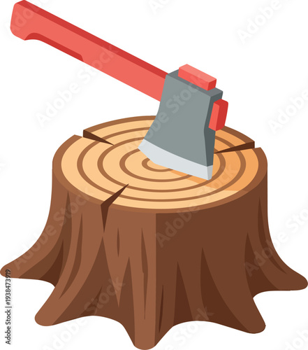 Axe Chopping Wood Tree Stump Isometric Vector Illustration
