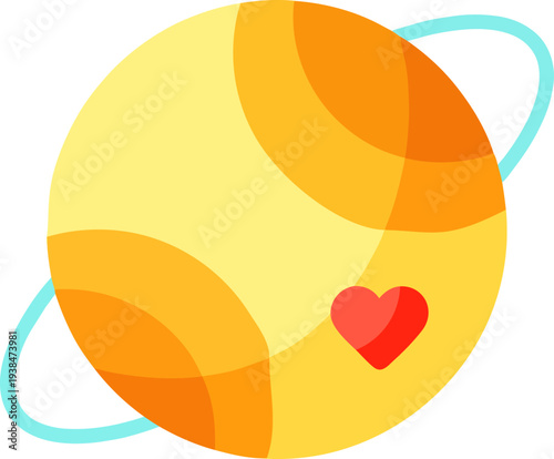 Cute cartoon planet with orbital ring and a small red heart icon