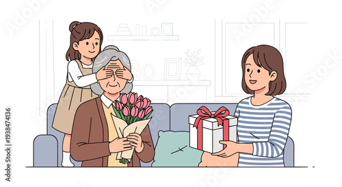 A heartwarming scene of a woman surprising an elderly man with flowers and a gift, illustrated in a modern, flat style