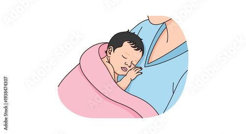 A tender illustration of a parent holding a sleeping baby wrapped in a pink blanket, featuring a minimalist style