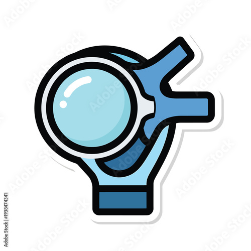 Hand holding a magnifying glass to examine closely in a detailed illustration style.