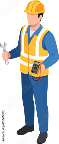 Engineer Worker with Hard Hat Wrench Multimeter Safety Gear
