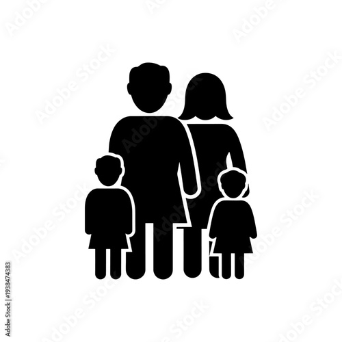 A family of four stands closely together depicted as a striking black silhouette