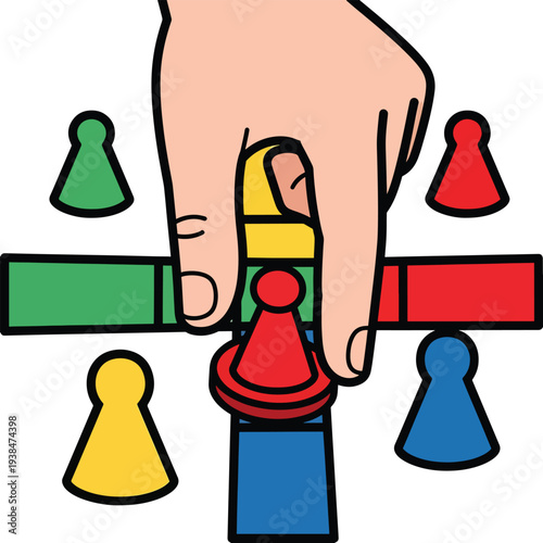 A hand places a red game piece on a colorful board game with players and strategy in a competitive environment viewed from above